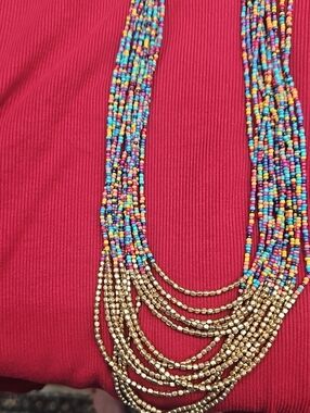 Multi-Color Seed Bead Statement Necklace with Gold Accents